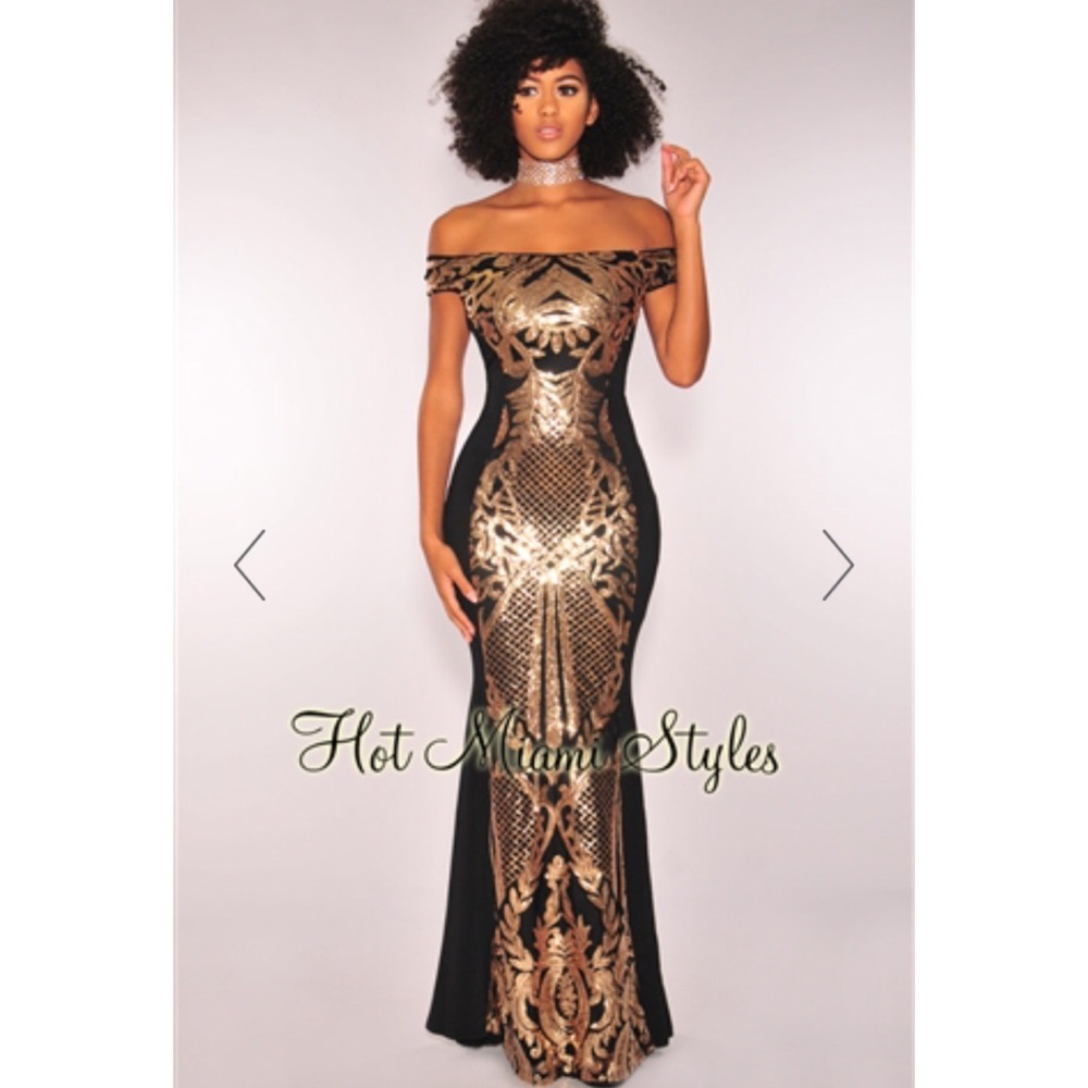 Black Gold Victorian Sequins Off Shoulder Gown